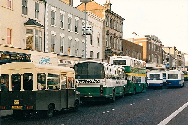 Buses competing for passengers in Stockton-on-Tees in February 1988