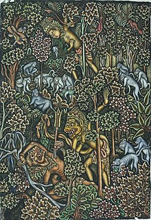 The painting by the Indonesian (Balinese) artist, Ida Bagus Made Togog depicts the episode from the Ramayana about the Monkey Kings of Sugriva and Vali; The Killing of Vali. Rama depicted as a crowned figure with a bow and arrow. COLLECTIE TROPENMUSEUM De strijd tussen de apenvorsten Sugriwa en Subali TMnr 3525-25.jpg