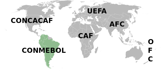 Kaart van de verschillende voetbalbonden, lidstaten van de CONMEBOL zijn weergegeven in groen