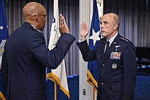Miller is administered his oath of office as the surgeon general of the Air Force by General Charles Q. Brown Jr., chief of staff of the Air Force, during his promotion ceremony on June 4, 2021. CSAF promotes Maj. Gen. Robert Miller 210604-F-LE393-0268.jpg