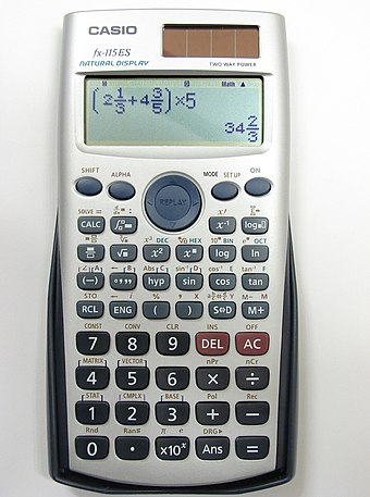 A modern scientific calculator with a dot matrix LCD