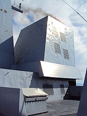 Detail of Forbin, a modern frigate of the French navy. The faceted appearance reduces radar cross-section for stealth. Cheminee tribord du forbin.JPG