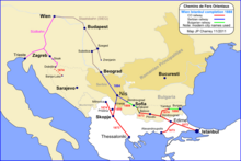 map depicting the Chemins de fer Orientaux network and surrounding lines in 1888