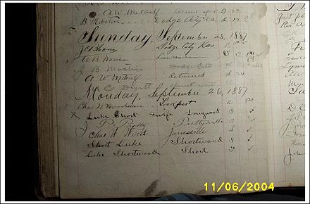 The "Luke Short" entry in the 1887 hotel register Cimarron Hotel Register Photo.jpg