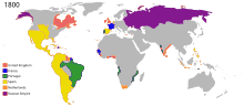 Distribution of colonial empires by the end of the 18th century Colonial empires in 1800.svg