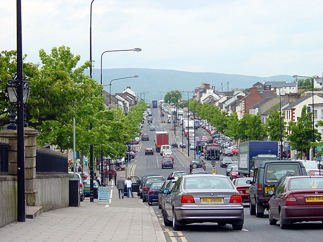 The main street, looking north. Slieve Gallion is in the background.