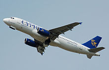 Cyprus Airways Airbus A320 departing Heathrow Airport (2014)