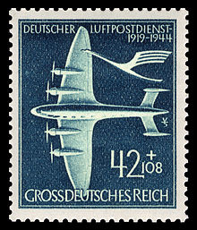 Junkers Ju 90 auf einer Briefmarke der Deutschen Reichspost von 1944 aus der Serie „25 Jahre Deutscher Flugpostdienst“ mit dem Logo der Lufthansa.