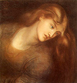 Tableau aux tons ambrés présentant une belle jeune femme aux longs cheveux, penchée sur la gauche.