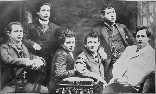 from right: Jacob P. Adler, Zigmund Feinman, Zigmund Mogulesko, Rudolf Marx, Mr. Krastoshinsky and David Kessler, 1888