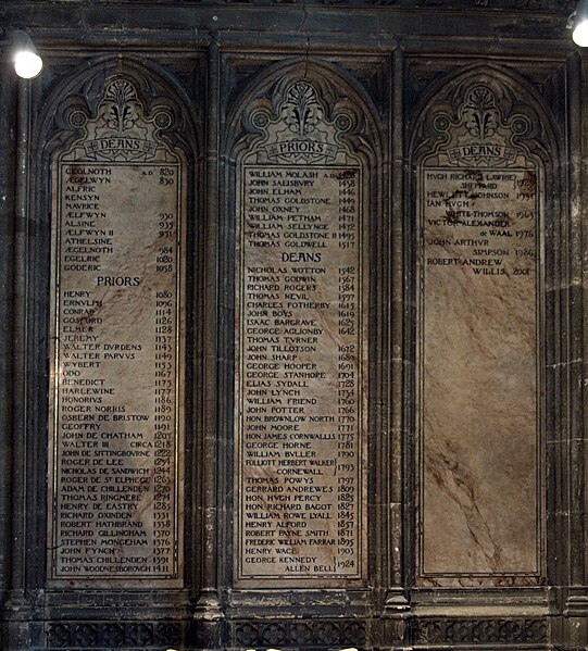 Inscribed panels in Canterbury Cathedral, listing the Deans of Canterbury