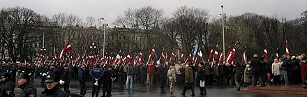 2008 Legionnaire Day procession through the flag alley at the foot of Freedom Monument Den Lotysske legie (1).jpg