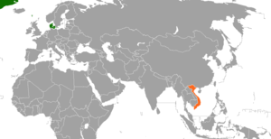 Mapa indicando localização da Dinamarca e do Vietnã.