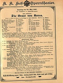 Theaterzettel der Hoftheater vom 22. Mai 1897 mit der Ankündigung der Uraufführung