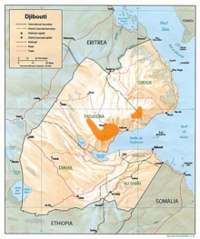 Répartition du Francolin somali à Djibouti. Les monts Goda sont dans la zone la plus à l'ouest ; les monts Mabla sont au nord-est.
