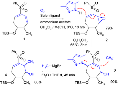 A diene epoxide (from Jacobsen epoxidation) adds a pyrazole with an allylic shift. Then methylmagnesium bromide expulses the pyrazole with another allylic shift, returning the remaining double-bond to its original position.