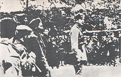 Svetozar Vukmanovic welcomes Macedonian and Greek Partisans in 1943 in occupied Greek Macedonia. Under his leadership, the pro-Bulgarian Regional committee was disbanded and pro-Yugoslav Macedonian Communist Party was founded. Drug Tempo u dolini Karadzove 1943.jpg