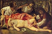 «Den berusede Noah» av Giovanni Bellini 1515 viser den bibelske sagnskikkelsen Noah og hans tre sønner Kam, som oppdager faren full og avkledt, men ikke hjelper ham, og Sem og Jafet, som dekker ham til anstendig.[1]