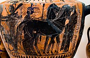 Hydrie. Peintre d'Édimburg. Héraklès en chariot, Athéna, Apollon /cithare, déesse v. 500. Rome, MNEVG