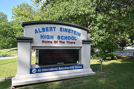 Sign for Albert Einstein High School, Kensington, MD