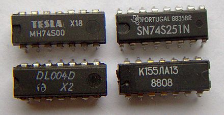 Czechoslovak MH74S00, Texas Instruments SN74S251N, East German DL004D (74LS04), Soviet K155LA13 (7438)