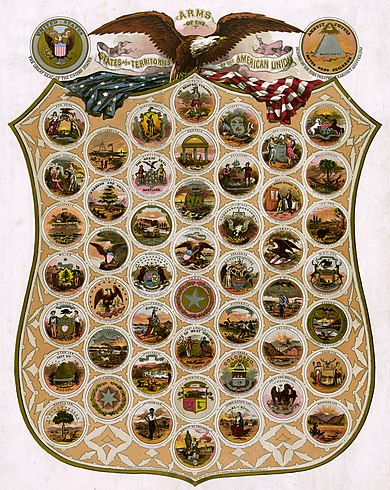 This collection of United States Seals was registered by the Library of Congress in 1876. When enlarged, there is a seal towards the lower-left corner representing the Cherokee Nation with the words "Cherokee Nation Ind. Ter." included as the label.