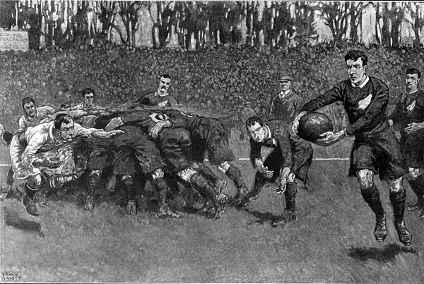 Illustration by Frank Gillett showing the England versus The Original All Blacks Test attended by a then-record crowd of at least 50,000. The New Zeal