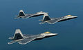 F-22 Raptors fly in formation. The Air Force's first four pilots to go directly to the F-22 without previous fighter experience are currently training at Luke Air Force Base, Ariz., in preparation for taking on the F-22.
