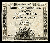 Domaines Nationaux Banknote, 1793 Issue, 15 Sous.