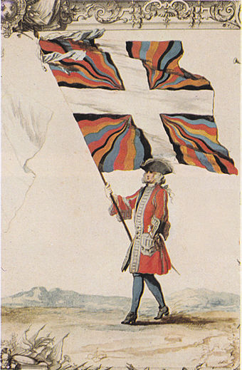 Depiction of a member of the Swiss Guard in France with a flammé flag, showing the French regimental white cross before a background of black, red, blue, and yellow flame designs