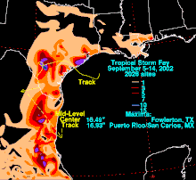 Sebuah peta yang menggambarkan curah hujan total yang diproduksi di Texas dan Meksiko dari yang lemah badai tropis.