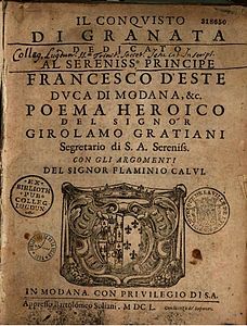 Première édition (1650) du poème épique écrit par Girolamo Graziani "ll Conquisto di Granata" .jpg