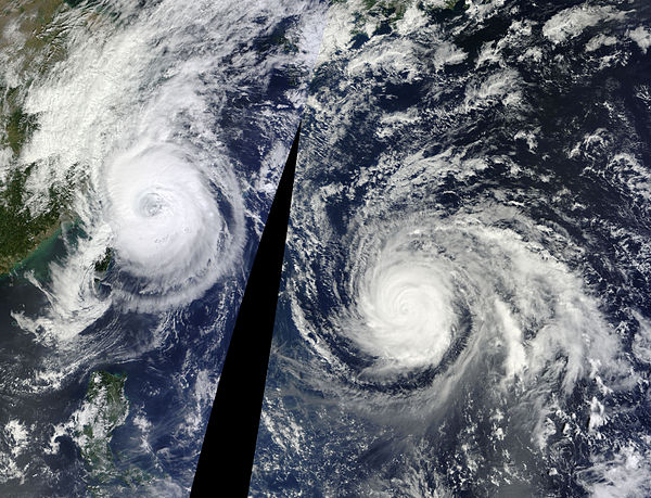 Typhoons Fitow (left) and Danas (right) existing simultaneously on October 6