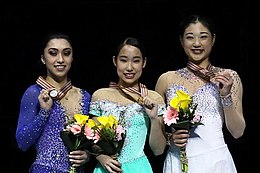 Mihara (center) with Gabrielle Daleman (left) and Mirai Nagasu (right) at the 2017 Four Continents Championships podium