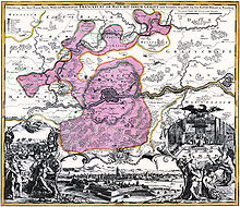 The Frankfurt Landwehr around the city, between 1712 and 1714
(copperplate by Johann Baptist Homann, regional boundaries corrected by Friedrich Bothe) Frankfurt Am Main-Johann Baptist Homann-Abbildung der keyserlichen Freyen Reichs Wahl und Handelsstatt Franckfurt am Mayn mit ihrem Gebiet.jpg