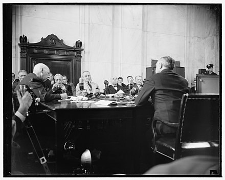 Frankfurter (right) giving testimony before the Senate Judiciary Committee during the January 1939 hearings on his nomination to be an associate Justice of the Supreme Court