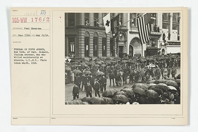 File:Funeral - Military - Italian, Miscellaneous - Funeral of Fifth Avenue, New York, of Captain Resnati, Italian aviator, who was killed accidentally at Mineola, Long Island, New York. Photo taken May 21, 1918 - NARA - 31482758.jpg