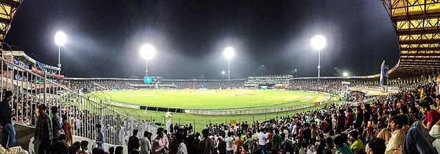 A panorama of the Gaddafi Stadium at night