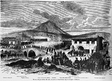 Le truppe di Garibaldi alla stazione di Passo Corese (visibile a sinistra) nel 1867, dopo la battaglia di Mentana