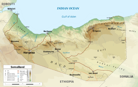 Modern geographic map of Somaliland showing the coastal plain and hilly interior