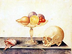 Bodegón con frutas, calavera y un tulipán, de Giovanna Garzoni