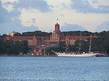 The Gorch Fock on the port of the Naval Academy at Mürwik