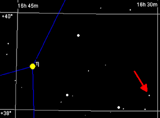 Posisjon av HD 149026;  stjernen vist i gult er η Herculis