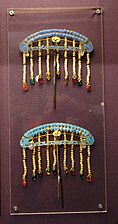 Hairpins, China, 20th century, silver, kingfisher feather, pearl, coral, jade - Fernbank Museum of Natural History - DSC00064.JPG