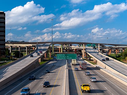 The High Five Interchange in Dallas, Texas, a stack interchange with elevated entrance and exit ramps connecting Interstate 635 and U.S. Route 75
