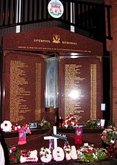 The Hillsborough memorial, which is engraved with the names of the 97 people who died in the Hillsborough disaster Hillsborough Memorial, Anfield.jpg