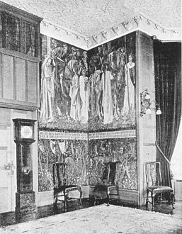 The Arming of the Knights and its verdure panel in the dining room at Stanmore Hall, 1898