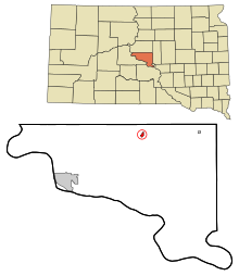 Hughes County South Dakota Sisällytetyt ja rekisteröimättömät alueet Blunt Highlighted.svg