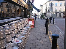 88-pint beer kegs lined up outside a pub in Portlaoise, Ireland IMG Portlaoise4423w.jpg