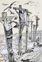 A black-and-white painting showing five men, two in armour, crucified in front of a city